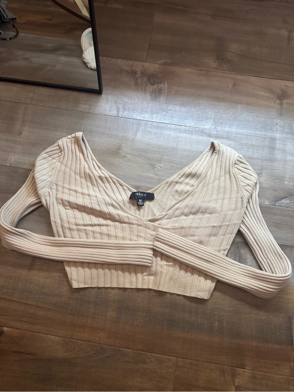 Pinkblush Cream Ribbed V-Neck Long Sleeve Crop Top